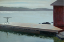 Maine, acrylic, painting, lake, dock, water, Maine artist, light, reflection quiet, boathouse, table - Landscape Painting