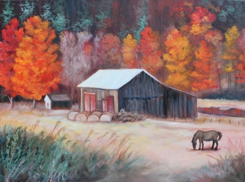 Original oil painting of autumn barn and horse