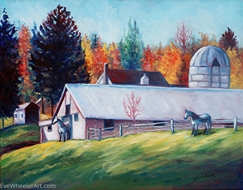 Original oil painting of horses and barn