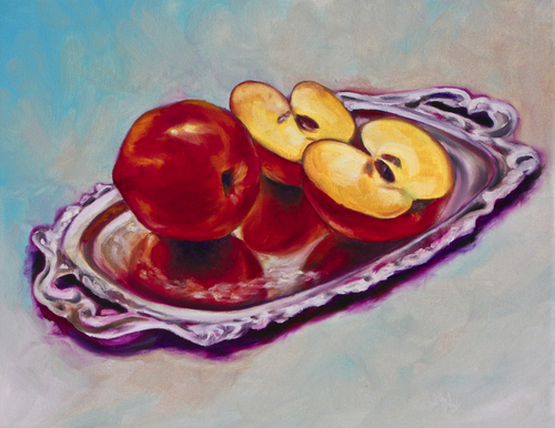 Still life oil painting of red apples on silver tray