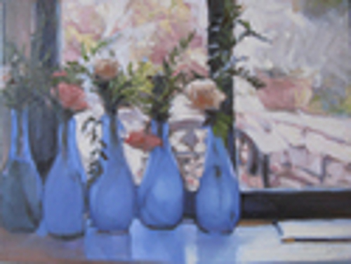 Painting-Floral-Blue Bottles