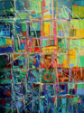 Carol Engles, abstract, mixed media, acrylic, pastel, blue, green, red, yellow - Abstract Painting