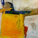 Chris Schwimmer, abstract, collage, yellow, charcoal, blue, buff, cardboard - Abstract Painting