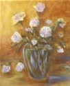 Delicate white carnations in a glass vase on a sunny table by artist Claire Bull (thumbnail)
