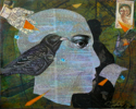 dennis salaty, acrylic, collage, surreal, bird - Non-representational Mixed Media