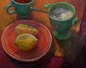 donna cusano, donna cusano paintings, contemporary paintings, oil on canvas, still life, art deco imagery, fiestaware artwork,tea, sugar, lemon, beverage, food -  Painting