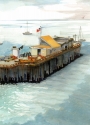 old pier, ocean, water, buildings and water, seaside,  blue,  watercolor print, Capitola California, Dorene Blake, beach,
 - Landscape Print Making