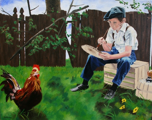 Painting-boy with rooster