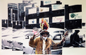 buddhist, chicken, blackman, cars, parking lot, signs - Figurative Print Making