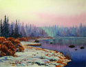 watercolor, landscape, winter, wood, lake - Landscape Painting