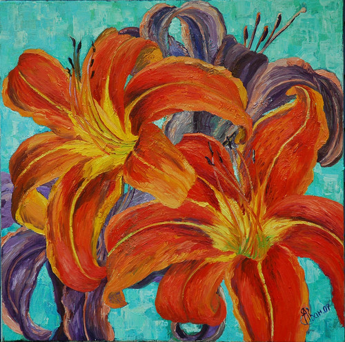 Painting-ORANGE LILIES oil on canvas