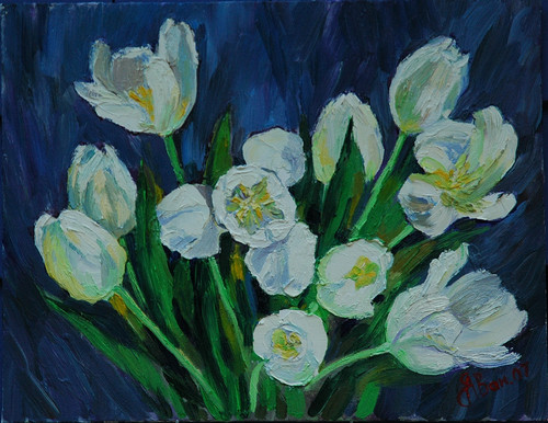 Painting-WHITE TULIPS oil on board