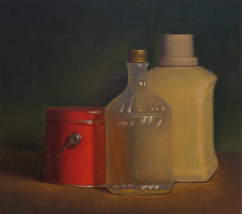 Painting-Still Life-Red Tin with Plastic Bottles