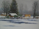 Gladys Bacon - Painting Winter, snow, trees, farm scene, house, field, fence - Painting