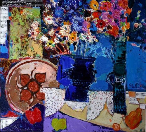 Mixed Media-Two Vases with fruits and flowers