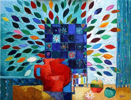 Painting-Flowers leafes and the vase