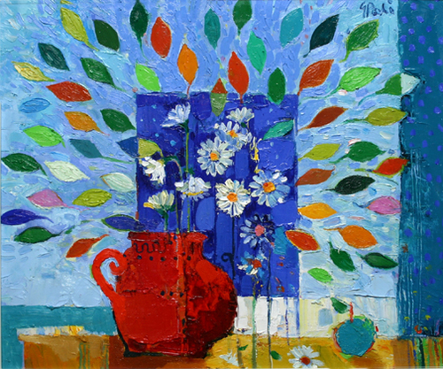 Painting-Flowers, leaves and the vase