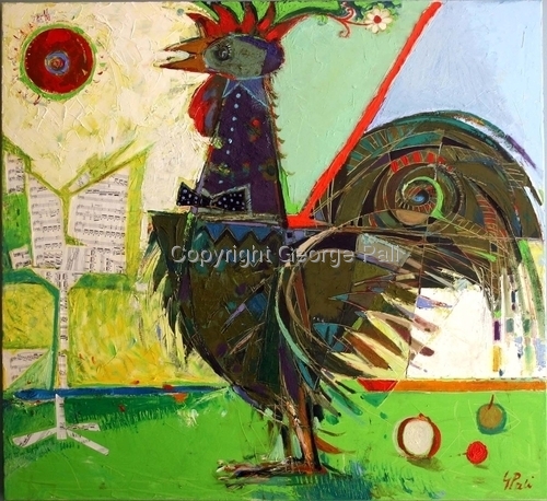 Painting-Animals-Green Rooster Musician
