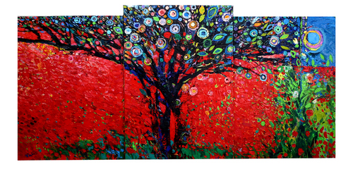 Painting-Tree on red field of flowers