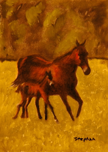 Painting-Oil-Mare with foal in a field