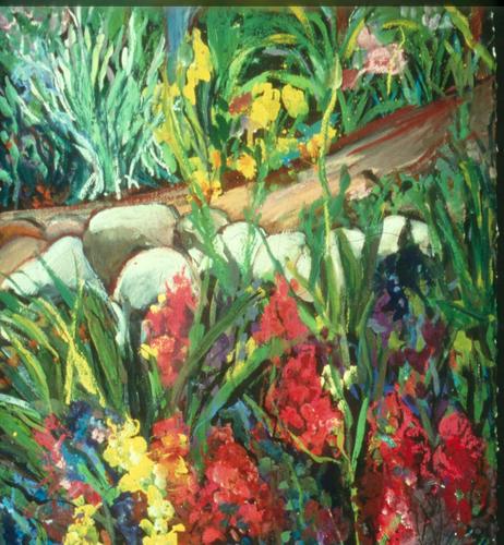 Mixed Media-Garden Series-Flowers & Road