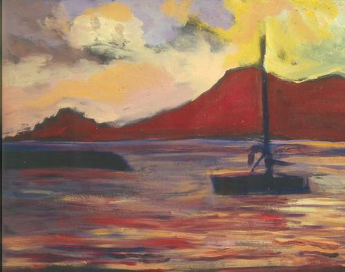 Painting-Seascape-View of Boat and Red Hill