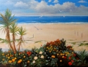 Carol Reynolds, Hawaii artist, seascape with flowers, Manhattan beach, The Strand, California beach, blue sky, white clouds, blue water, flowers, flowers at the beach - Seascape Painting