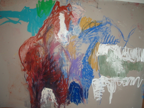 Mixed Media-On Paper-Red and Blue Horses
