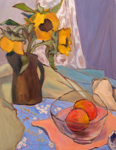 Painting-Floral-sunflowers, peaches and shell