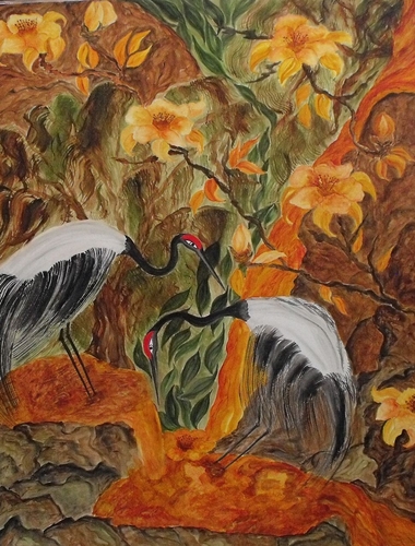 Painting-Animals-Cranes in Golden Waterfall
