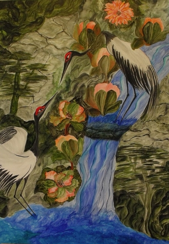 Painting-Cranes in Blue Waterfall