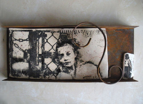 Mixed Media-Boy with Man by Fence