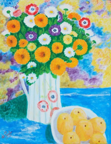 Painting-Still Life-ANOMONE AFRICAN MARIGOLDS