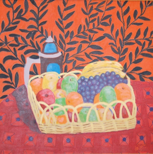 Painting-Still Life-COUPE DE FRUITS SUR UN FONDROUGE