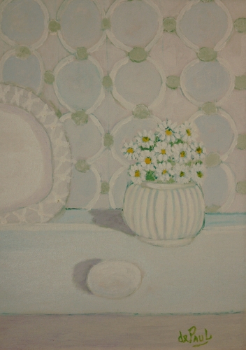 Painting-Still Life-WHITE ON WHITE BOWL OF FLOWERS