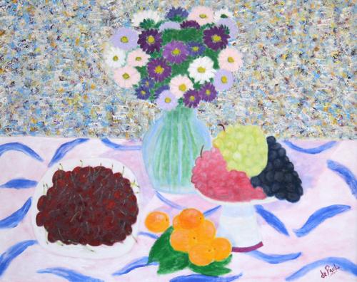 Painting-Still Life-BOUQUET OF CHINESE ASTERS WITH CHERRIES