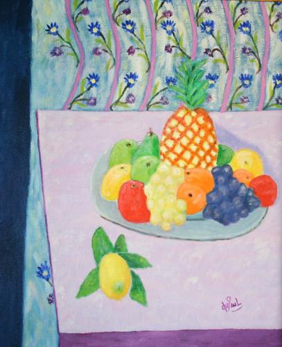 Painting-Still Life-PINEAPPLE,GRAPES,AND APPLES ON PEWTER