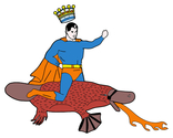 Digital Art-superhero on a duckbill platypus breathing fire