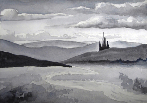 Painting-Landscape-Black & White Castle