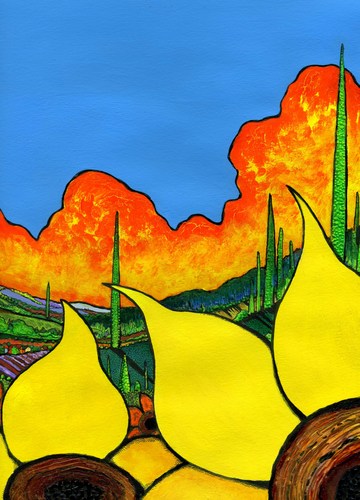 Painting-Landscape-Sunflowers Against a Blue Sky No. 5