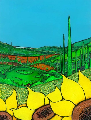 Painting-Landscape-Three Sunflowers Against a Blue Sky