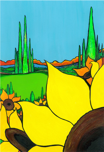 Painting-Landscape-Sunflowers Against a Blue Sky No. 2