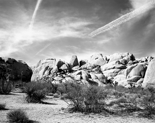 Photography-Landscape-Stonebank and contrails , Joshua Tree National Park r00-0123-07