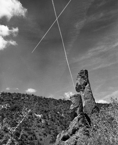 Photography-Landscape-Rock spire and contrails , Bandelier National Monument r05-0507-12