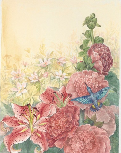 Painting-Floral-hummingbird-hollyhock