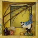 Judith Monroe, yellow, landscape, mixed media, photography,  assemblage, home, bird,  shadow box, branches, tree, blue jay, bird house -  Mixed Media