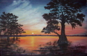Painting--Oil-LandscapeBlue Cypress Sunset