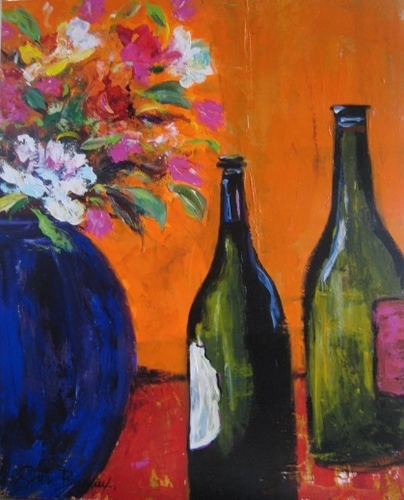 Painting-Floral-Blue Vase and Wine