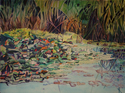 water lily pond, reeds, greens, oranges, blues abstracted style, watercolor painting - Abstract Painting