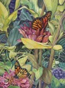 "Butterfly Garden" Monarch butterflies and bumblebees nest among garden flowers. (thumbnail)